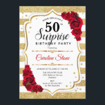 Invitation Surprise 50e anniversaire - Gold White Red<br><div class="desc">Invitation surprise 50e anniversaire. Blanc féminin,  design rouge avec faux or parties scintillant. Comprend des rayures blanches,  des roses rouges,  des caractères de script et des confettis. Parfait pour une soirée d'anniversaire élégante. Peut être personnalisé pour montrer n'importe quel âge. Message-moi si vous avez besoin d'une personnalisation plus poussée.</div>