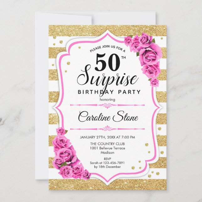 Invitation Surprise 50e anniversaire - Gold White Rose (Devant)
