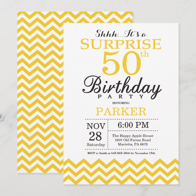 Invitation surprise 50e anniversaire Jaune Chevron (Devant / Derrière)