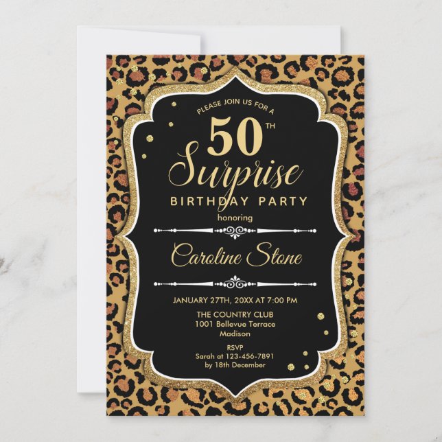 Invitation Surprise 50e anniversaire - Leopard Black Gold (Devant)