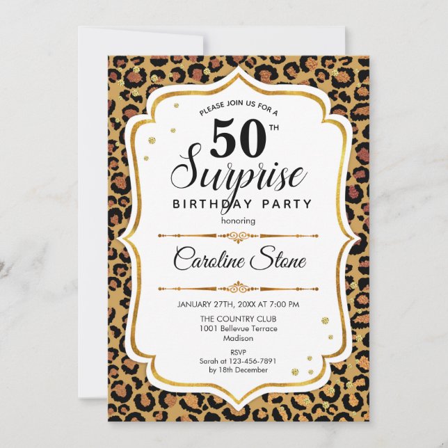 Invitation Surprise 50e anniversaire - Léopard Or Blanc (Devant)