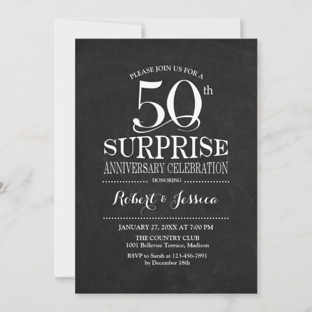 Invitation Surprise 50e anniversaire Mariage Chalkboard blanc (Devant)