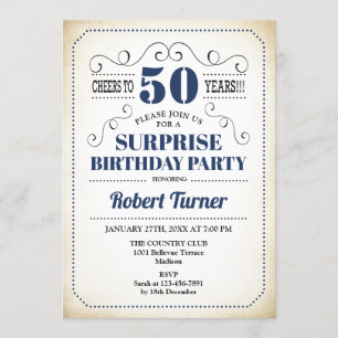 Invitation Surprise 50e anniversaire - Marine bleu blanc noir