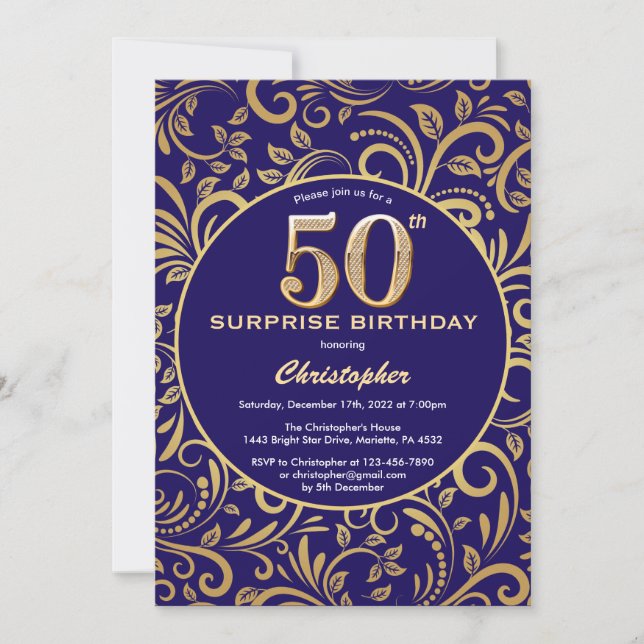 Invitation Surprise 50e anniversaire Marine bleu et or floral (Devant)