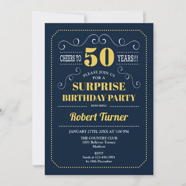 Invitation Surprise 50e anniversaire - Marine Blue Gold (Devant)