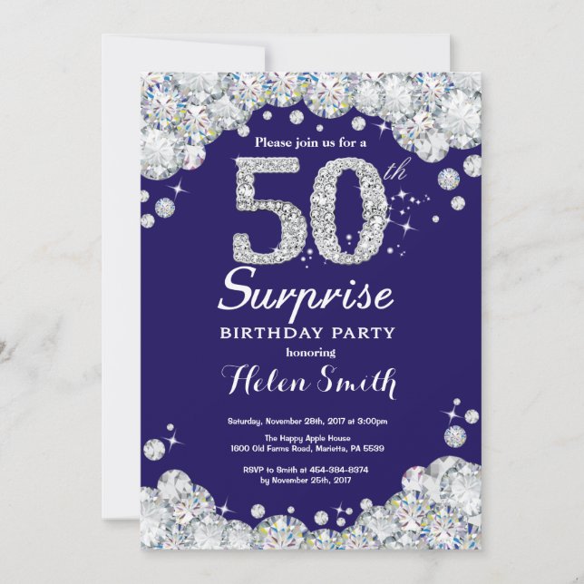 Invitation Surprise 50e anniversaire Marine Blue Silver Diamo (Devant)