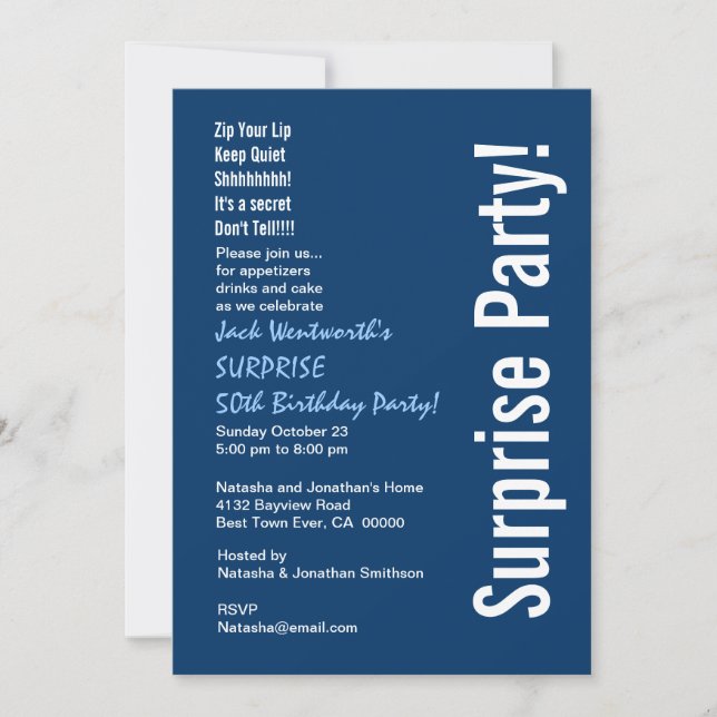 Invitation SURPRISE 50e anniversaire Marine moderne bleu blan (Devant)