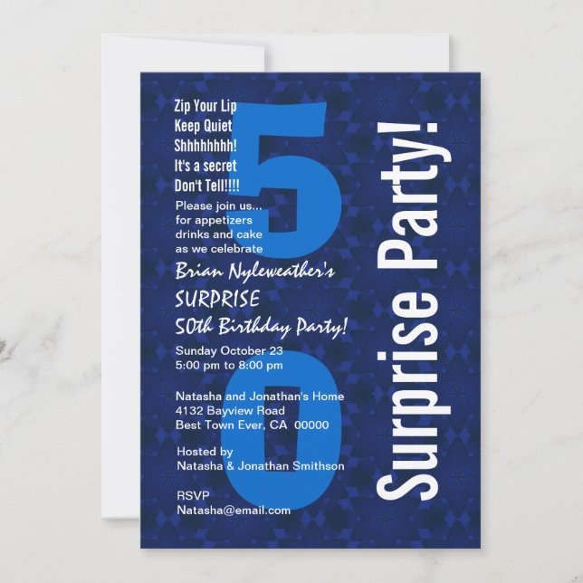 Invitation SURPRISE 50e anniversaire moderne bleu et blanc D4 (Devant)
