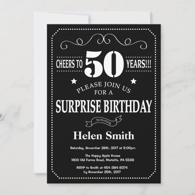 Invitation Surprise 50e anniversaire Noir et blanc tableau de (Devant)