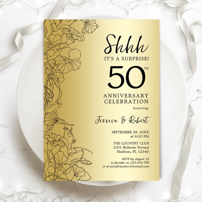 Invitation Surprise 50e anniversaire noir et or (Créateur téléchargé)