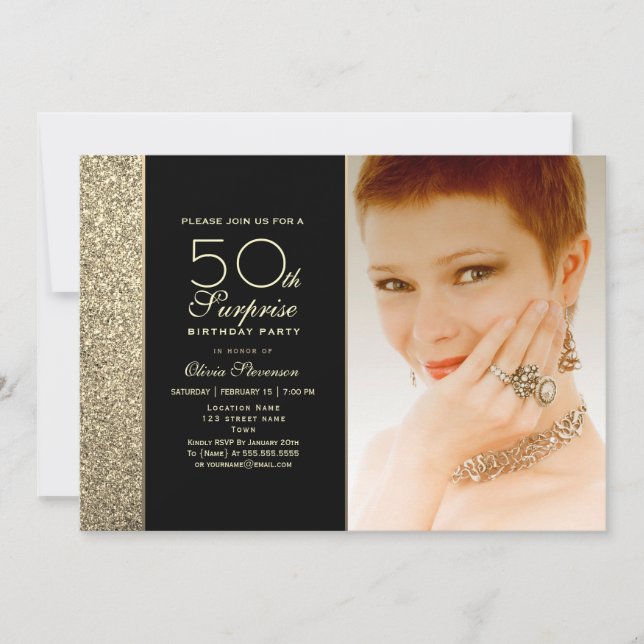 Invitation Surprise 50e anniversaire noir et or (Devant)