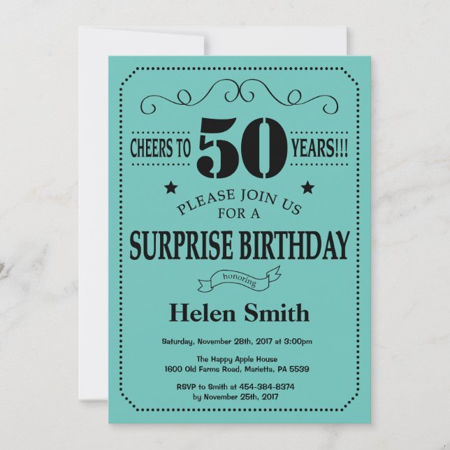 Invitation Surprise 50e anniversaire Noir et Turquoise (Devant)