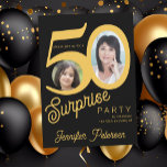Invitation Surprise 50e anniversaire or photo noir<br><div class="desc">Typographie audacieuse tendance 50ème anniversaire femme invitation surprise fête avec 2 photos et script de style rétro moderne. Facile à personnaliser avec votre texte et vos images.     Téléchargement numérique disponible, </div>