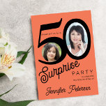 Invitation Surprise 50e anniversaire orange vif photo noir<br><div class="desc">Typographie audacieuse tendance 50ème anniversaire femme invitation surprise fête avec 2 photos et script de style rétro moderne. Facile à personnaliser avec votre texte et vos images.      Téléchargement numérique disponible, </div>