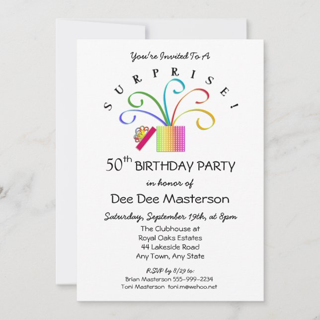 Invitation SURPRISE ! 50e anniversaire ou toute fête d'annive (Devant)