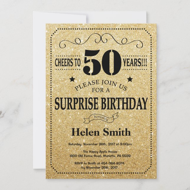 Invitation Surprise 50e anniversaire Parties scintillant Noir (Devant)