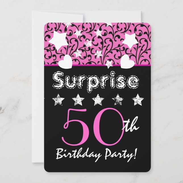 Invitation SURPRISE 50e anniversaire Pink Swirls Hearts Stars (Devant)