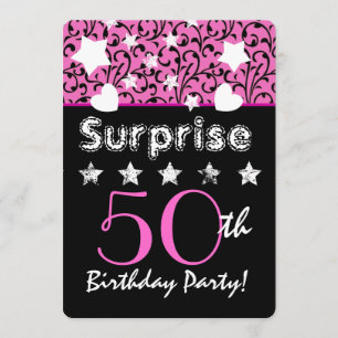 Invitation SURPRISE 50e anniversaire Pink Swirls Hearts Stars