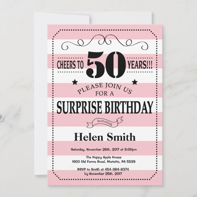 Invitation Surprise 50e anniversaire rayures roses et blanche (Devant)