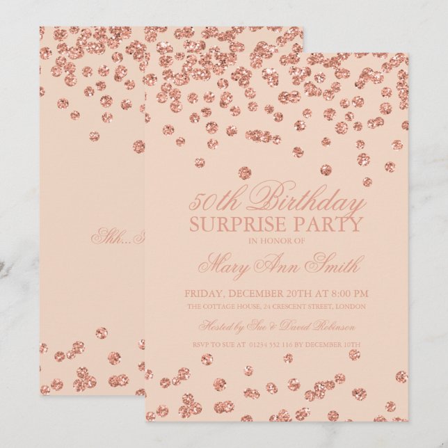 Invitation Surprise 50e anniversaire Rose Gold Parties scinti (Devant / Derrière)
