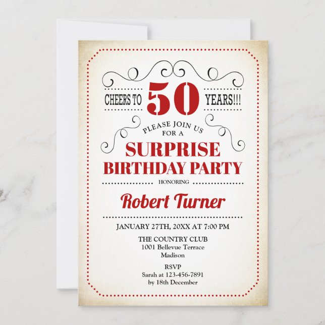 Invitation Surprise 50e anniversaire - Rouge Blanc Noir (Devant)
