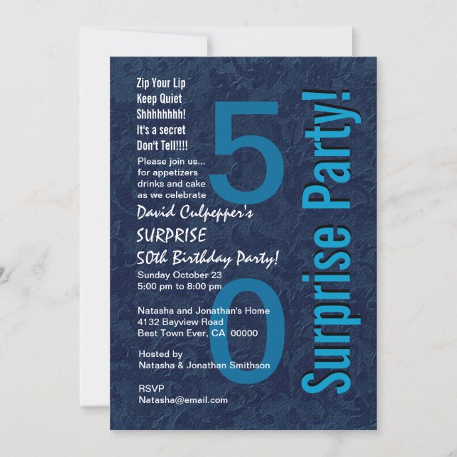 Invitation SURPRISE 50e anniversaire teintes modernes de bleu (Devant)