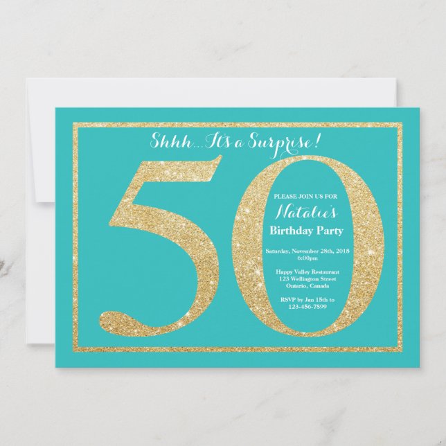 Invitation Surprise 50e anniversaire Turquoise et Parties sci (Devant)