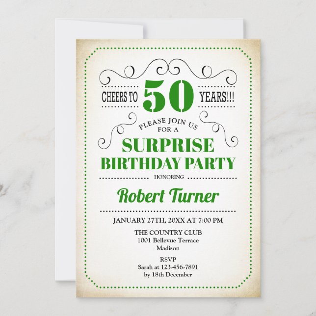 Invitation Surprise 50e anniversaire - Vert Blanc Noir (Devant)