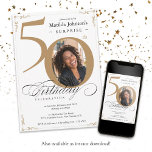 Invitation Surprise 50e anniversaire White Gold Photo personn<br><div class="desc">Surprise 50e anniversaire White Gold Custom Photo Invitation. Et élégamment conçu invitation spéciale fête d'anniversaire,  avec une photo personnalisée de personne d'anniversaire et de calligraphie script avec des éléments florissants vintages. Assez simple pour s'adapter à une variété de thèmes et de couleurs ! Besoin d'aide ? Contactez-moi !</div>