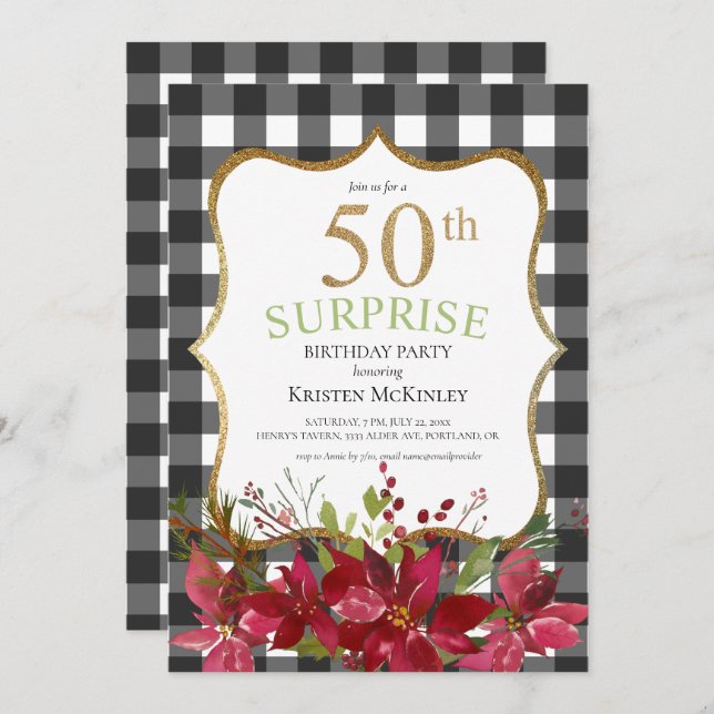 Invitation Surprise 50e Buffalo Plaid Red Flowers Anniversair (Devant / Derrière)