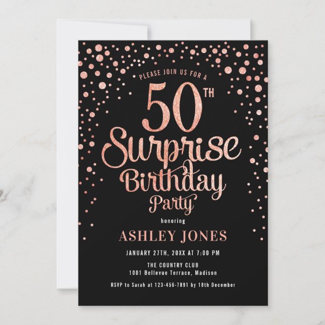 Invitation Surprise 50e fête d'anniversaire - Black & Rose Go (Devant)
