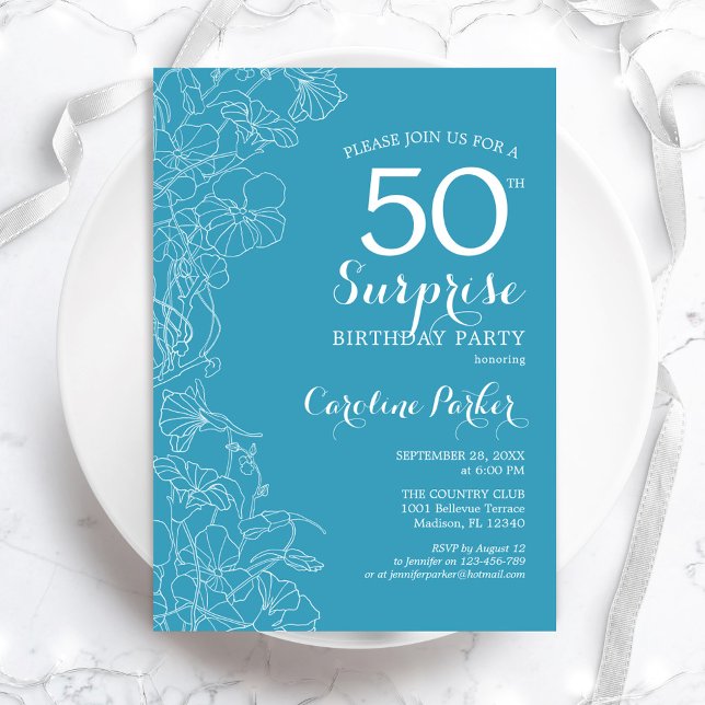 Invitation Surprise 50e fête d'anniversaire - Bleu clair Flor (Créateur téléchargé)