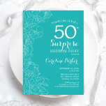 Invitation Surprise 50e fête d'anniversaire - Floral Turquois<br><div class="desc">Turquoise Floral Surprise 50e anniversaire invitation de fête. Design moderne minimaliste avec accents botaniques et police de script de typographie. Carte invitation simple et féminine parfaite pour une célébration anniversaire surprise et élégante. Peut être customisé à n'importe quel âge.</div>