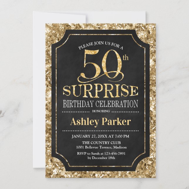 Invitation Surprise 50e fête d'anniversaire - Gold Black (Devant)