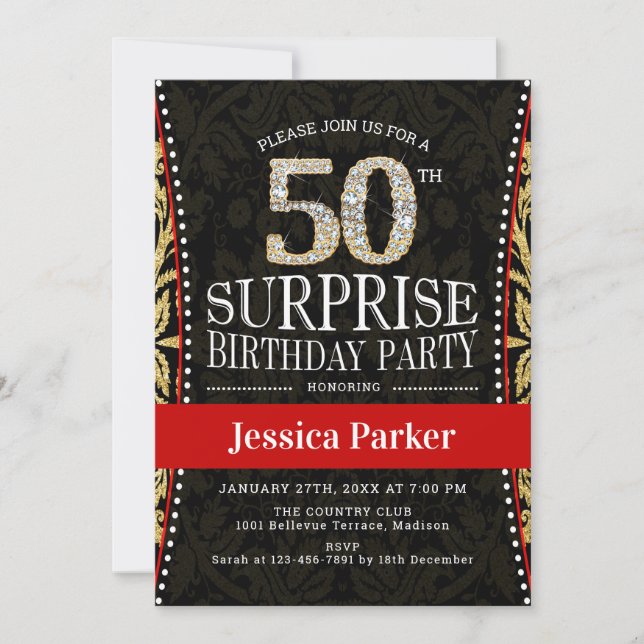 Invitation Surprise 50e fête d'anniversaire - Gold Black Red (Devant)