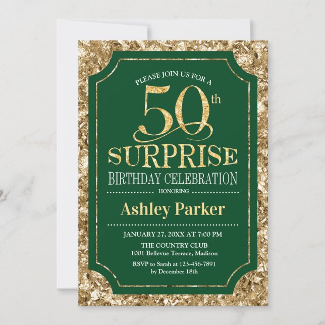 Invitation Surprise 50e fête d'anniversaire - Gold Green (Devant)
