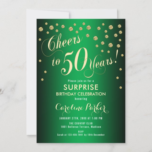 Invitation Surprise 50e fête d'anniversaire - Gold Green (Devant)