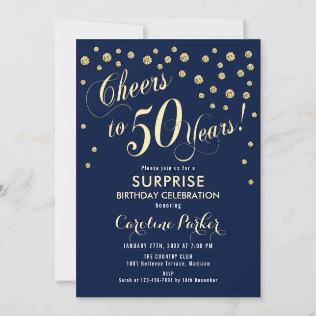 Invitation Surprise 50e fête d'anniversaire - Gold Navy (Devant)