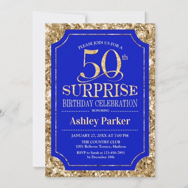 Invitation Surprise 50e fête d'anniversaire - Gold Royal Blue (Devant)