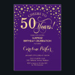 Invitation Surprise 50e fête d'anniversaire - Purple Gold<br><div class="desc">Invitation surprise 50e anniversaire de fête. Design élégant en or violet royal et faux parties scintillant. Fonctionne la police de script et les confettis de diamants. Bonjour à 50 ans ! Message-moi si vous avez besoin d'une personnalisation plus poussée.</div>