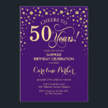 Invitation Surprise 50e fête d'anniversaire - Purple Gold<br><div class="desc">Invitation surprise 50e anniversaire de fête. Design élégant en or violet royal et faux parties scintillant. Fonctionne la police de script et les confettis de diamants. Bonjour à 50 ans ! Message-moi si vous avez besoin d'une personnalisation plus poussée.</div>
