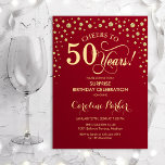 Invitation Surprise 50e fête d'anniversaire - Red Gold<br><div class="desc">Invitation surprise 50e anniversaire de fête. Design élégant en or rouge foncé et faux parties scintillant. Fonctionne la police de script et les confettis de diamants. Bonjour à 50 ans ! Message-moi si vous avez besoin d'une personnalisation plus poussée.</div>