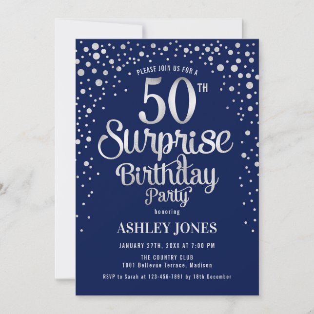 Invitation Surprise 50e fête d'anniversaire - Silver & Navy B (Devant)