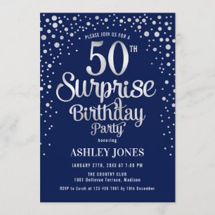 Invitation Surprise 50e fête d'anniversaire - Silver & Navy B