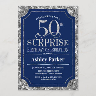 Invitation Surprise 50e fête d'anniversaire - Silver Navy Blu