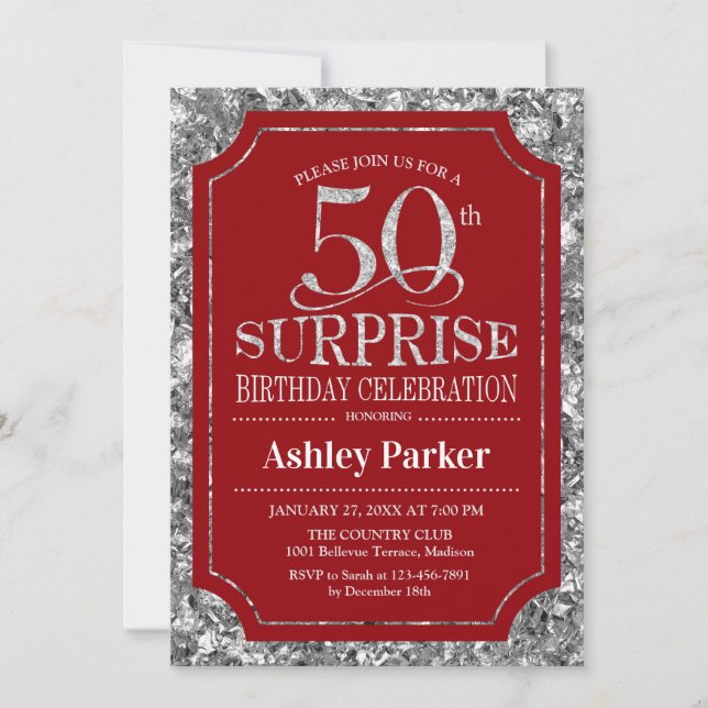 Invitation Surprise 50e fête d'anniversaire - Silver Red (Devant)