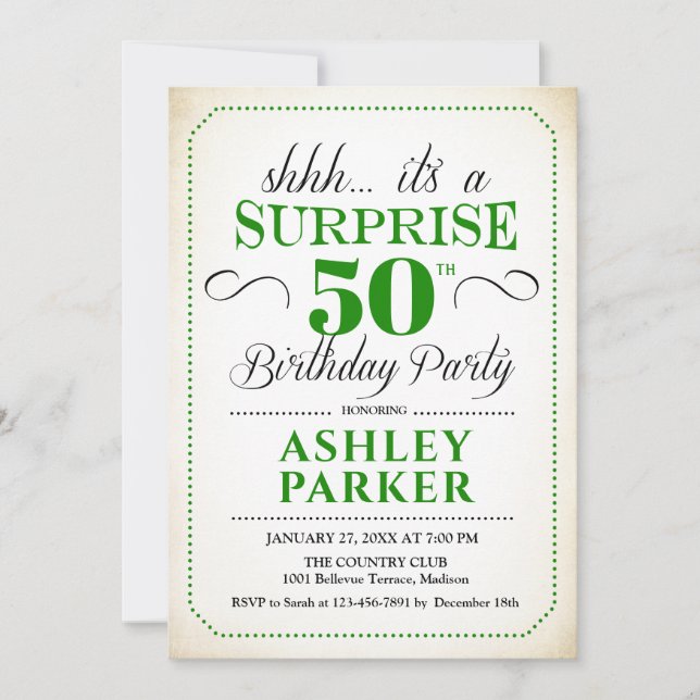 Invitation Surprise 50e fête d'anniversaire - White Green (Devant)