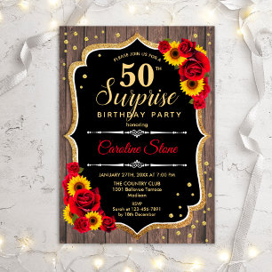 Invitation Surprise 50th Birthday - Rustic Wood Sunflowers