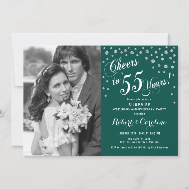 Invitation Surprise 55e anniversaire avec photo argent vert (Devant)