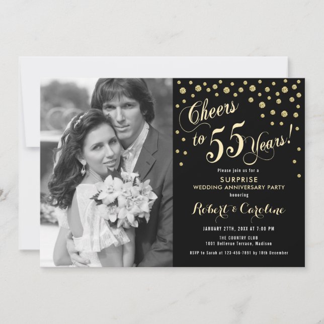 Invitation Surprise 55e anniversaire avec photo - Noir or (Devant)